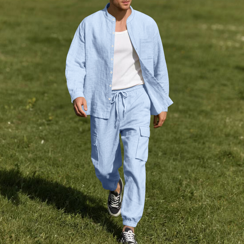 Mens Linen Shirt Long Sleeve - Мужской льняной дышащий комплект из двух