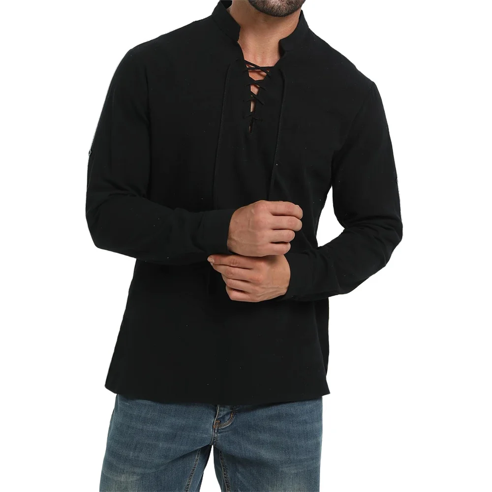 Medieval Gothic Lace Up Pirate Shirt - Весенне-осенняя мужская пиратская рубашка, винтажная средневековая