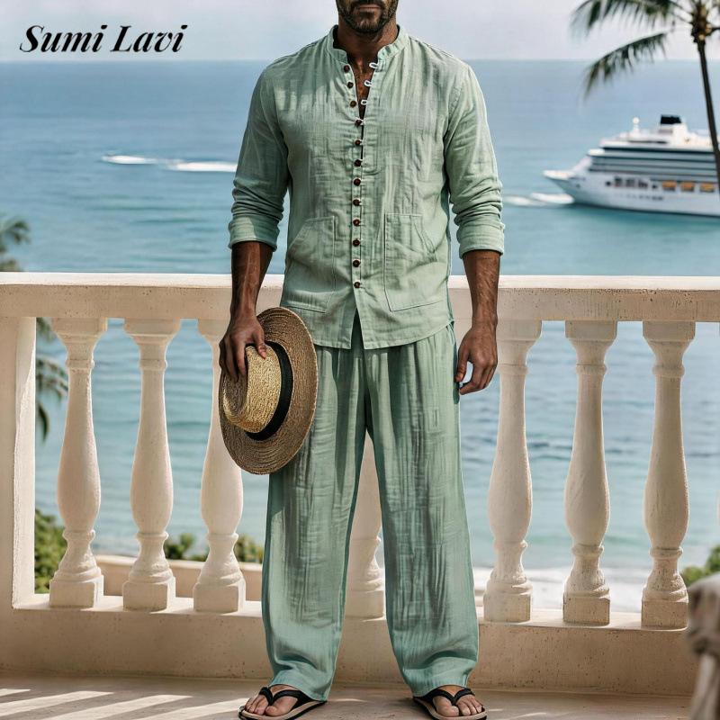 Mens Linen Shirt Long Sleeve - Винтажный мужской костюм из льняной ткани,