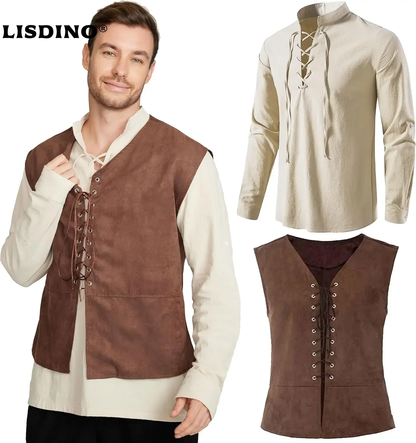 Medieval Gothic Lace Up Pirate Shirt - Комплект из 2 предметов, мужской средневековый