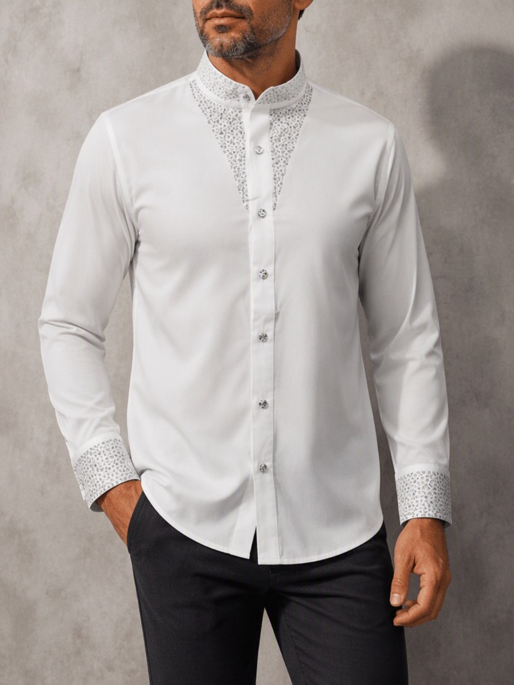 Mandarin Collar Formal Shirt Slim Fit - Мужская повседневная деловая рубашка, модная, роскошная,
