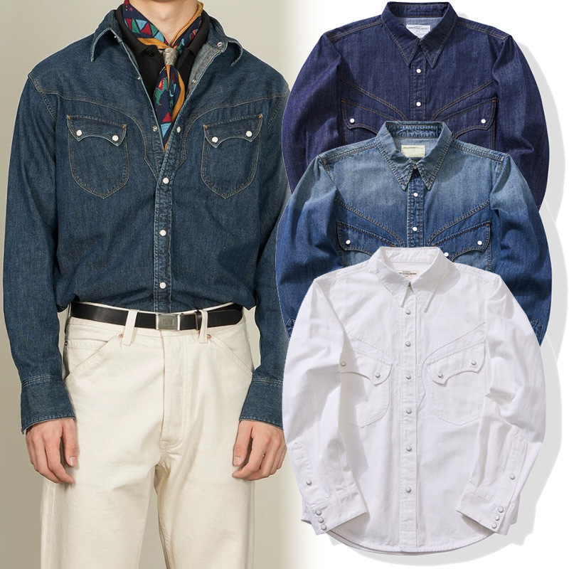 Mens Western Denim Pearl Snap Shirt - Американская винтажная рубашка в стиле вестерн