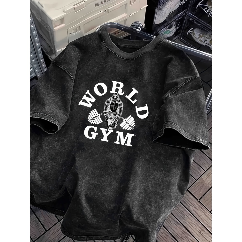 Acid Wash Vintage Graphic T Shirt - Футболка World Gym Gorilla Lifting Weights