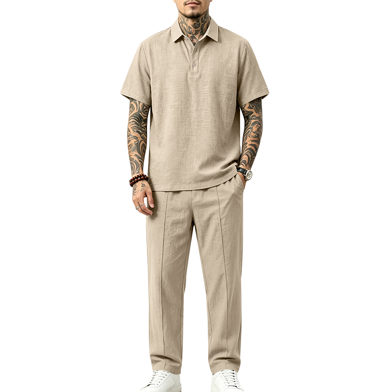 Mens Linen Shirt Long Sleeve - Мужской комплект из 2 предметов: поло